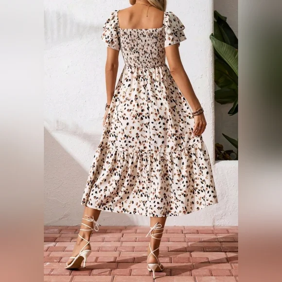 New Dot Print Tiered Flutter Sleeve Midi Dress Cream Tan